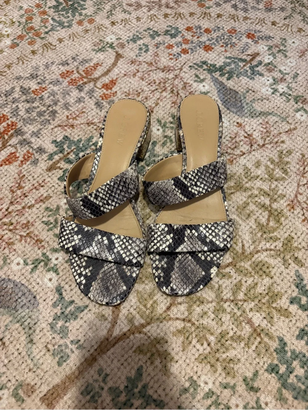 J. Crew double strap snakeskin sandal with gold glitter heel. Size 7.5.